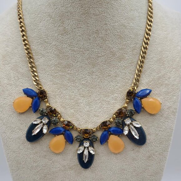 J Crew Gold Tone Orange Blue Resin Necklace with Clear Crystals - Picture 1 of 9